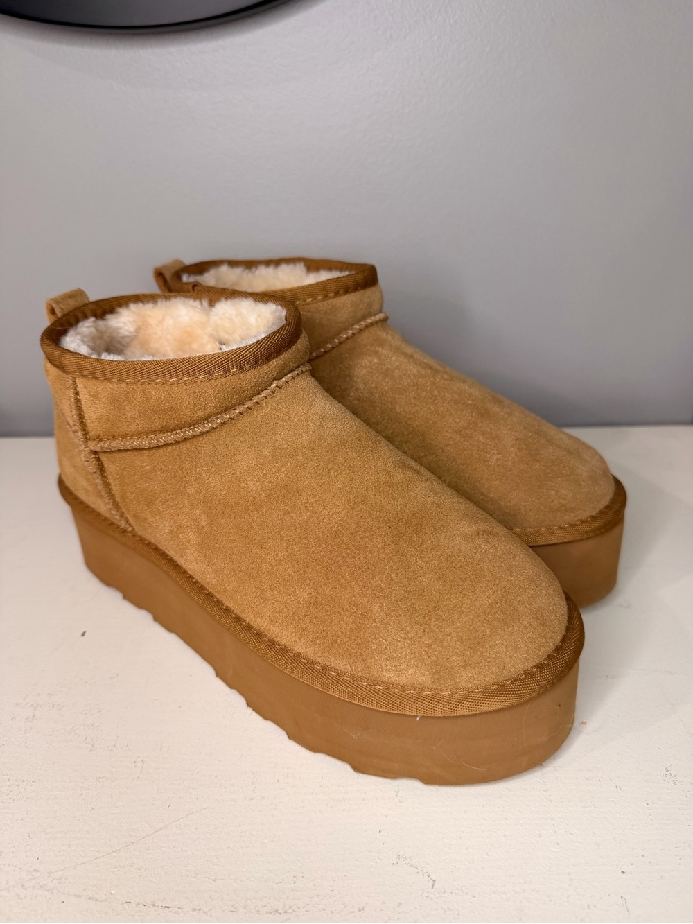 Cozy Suede Platform Shearling Lined Ankle Boots - Camel